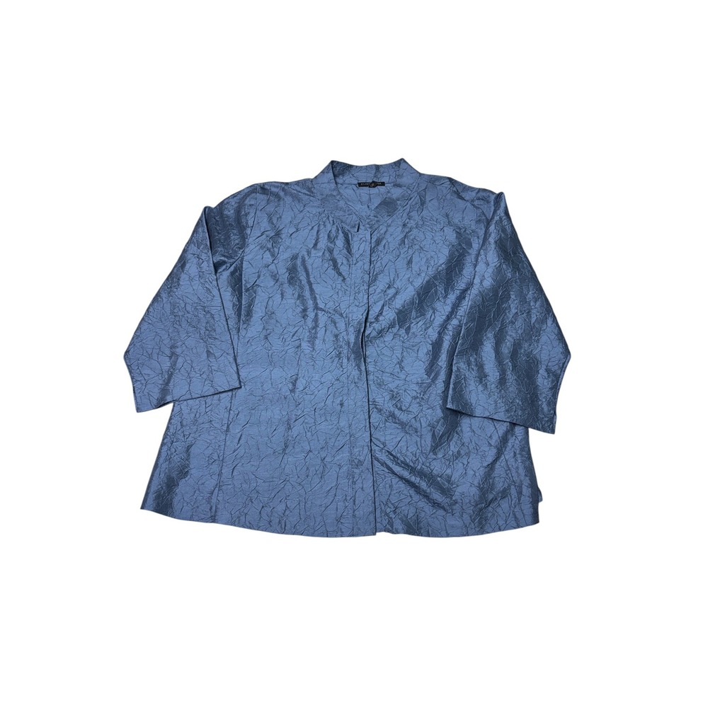 Eileen Fisher Blue 100% Crinkled Silk Open Front Jacket Womens Large F9CD-2